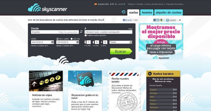 Portada del metabuscador Skyscanner