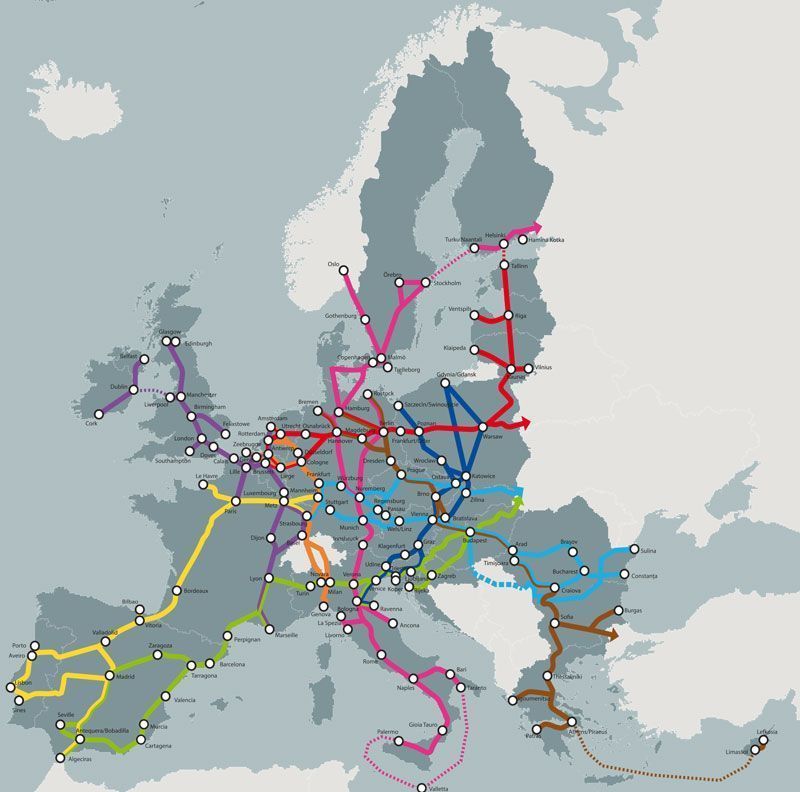 Corredores de transporte planeados para Europa | Fuente: Comisión Europea