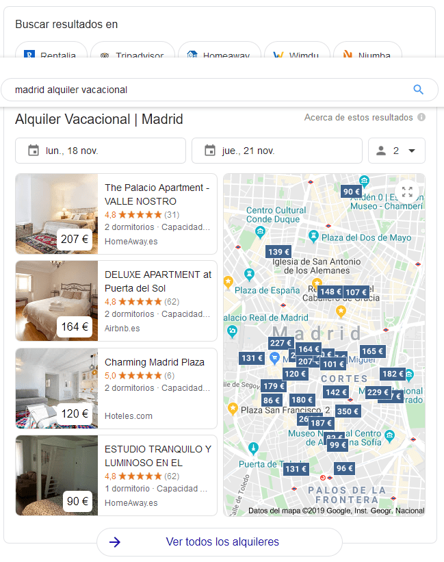 Google ofrece resultados de apartamentos vacacionales en sus búsquedas